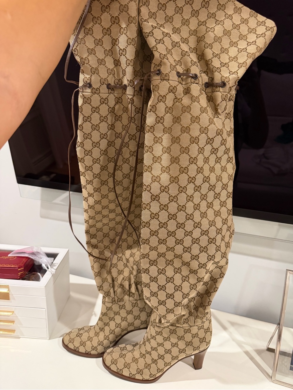Gucci Beige GG Canvas Drawstring Over-the-Knee Boots